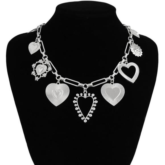 Chunky Heart Pendant Charm Necklace Silver Tone Fashion Layered Jewelry - Picture 2 of 7
